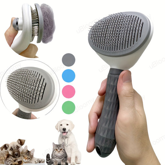 Self-Cleaning Pet Grooming Brush for Dogs & Cats - Easy Hair Removal Comb with Soft Bristles, Durable Plastic Handle in Gray/White/Pink - Ideal for All Breeds, Dog Grooming